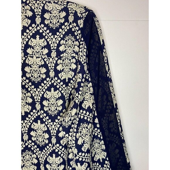 Honey Punch Damask Women's Long Sleeve Top Sz Small Blue Cream Sheer Sleeve EUC - Picture 5 of 6